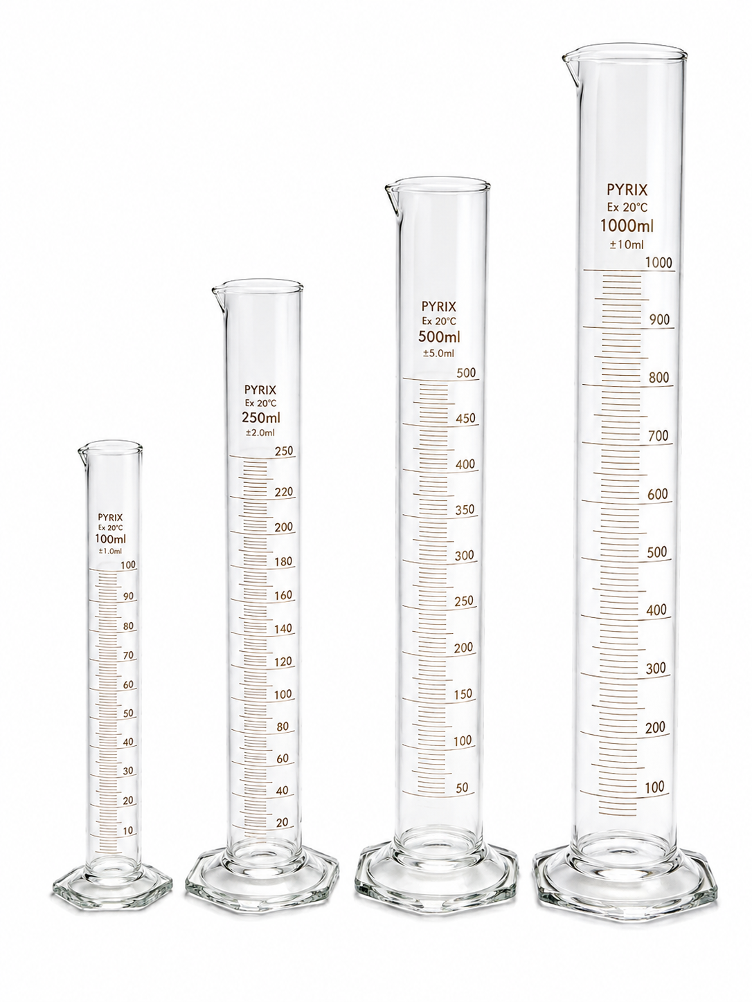 PYRIX Glass Measuring Cylinder Set – 100ml, 250ml, 500ml & 1000ml