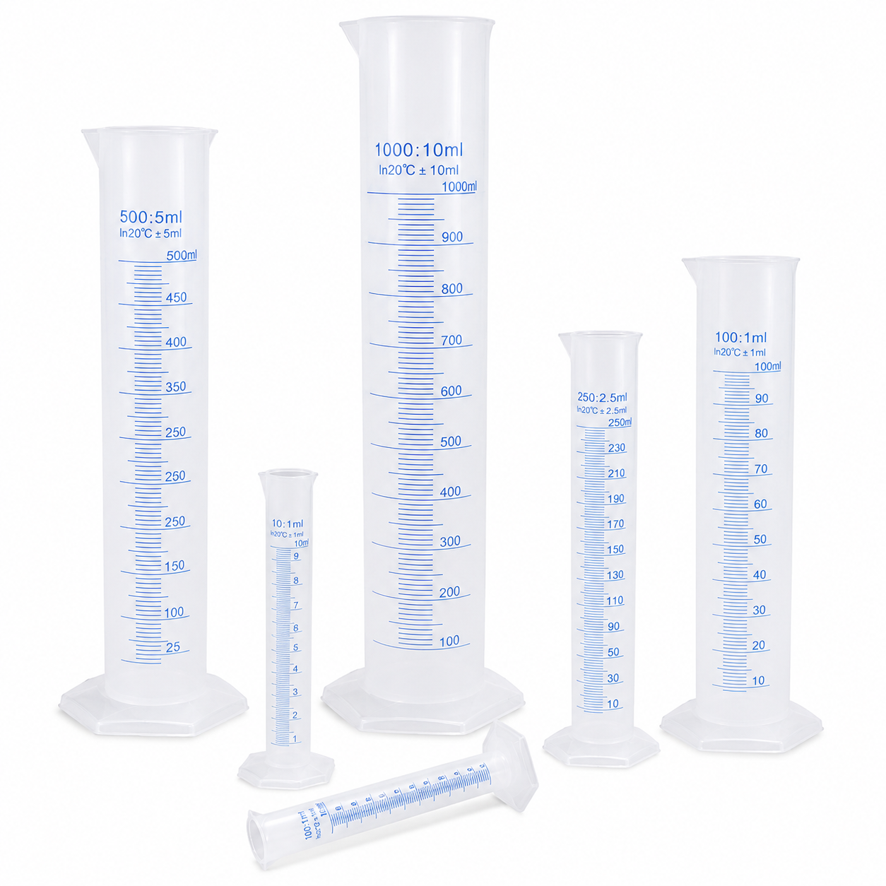 Plastic Measuring Cylinder Set – 10ml, 250ml, 500ml & 1000ml